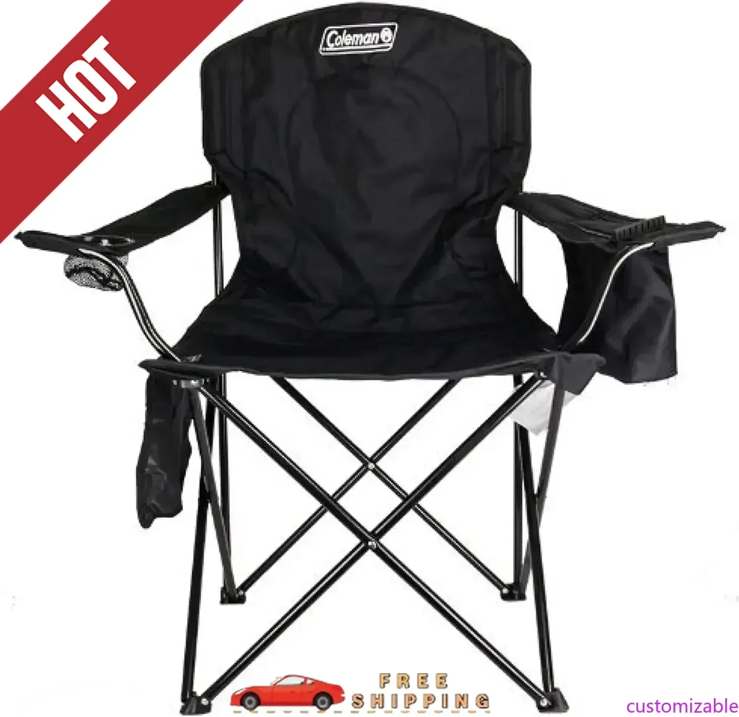 

Customizable Portable Camping Chair with 4-Can Cooler, Fully Cushioned Seat and Back with Side Pocket and Cup Holder