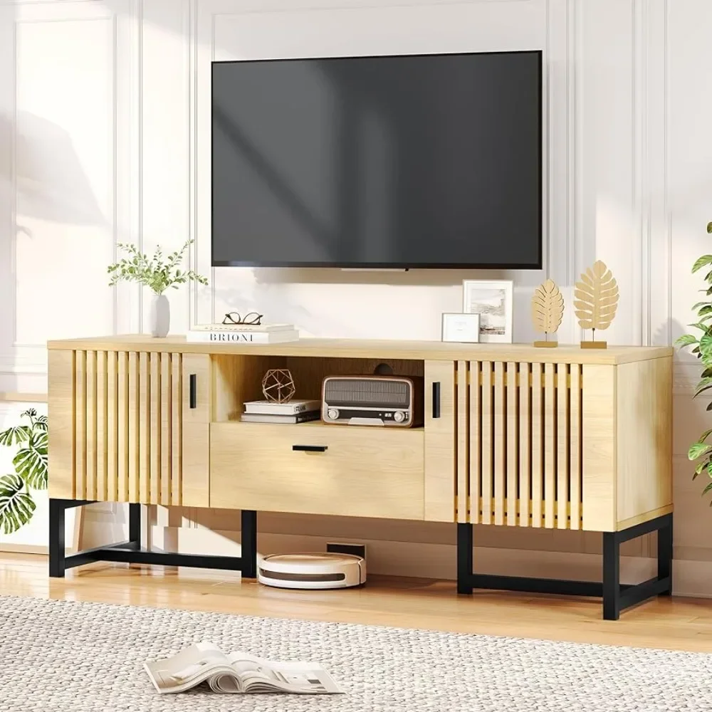 Armoire murale TV avec cadre en fer, 2 planches Chi, centre de divertissement, console de télévision de ferme avec porte à lattes, supports de télévision, étagère de support