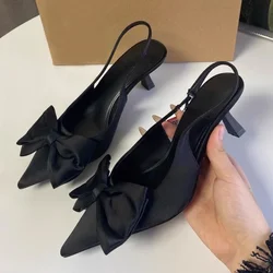 Elegant High Heels Women's Shoes 2024 Summer Black Shallow Mouth Pointed Toe Bow Slingbacks Luxury Party Office Lady Sandals