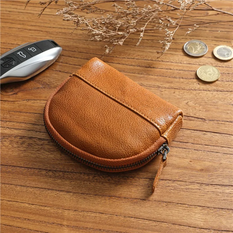 Zency Retro Handmade Short Zip Coin Purse Genuine Leather Long Wallet Soft Cowhide Leather Multiple Card Holders Bag Unisex