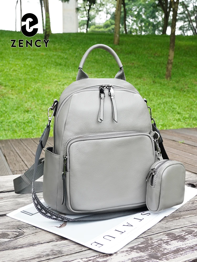 Zency Grey Genuine Leather Women's Backpack Knapsack Multi-pockets Convertible Shoulder Bag Purse for Daily Use College Preppy