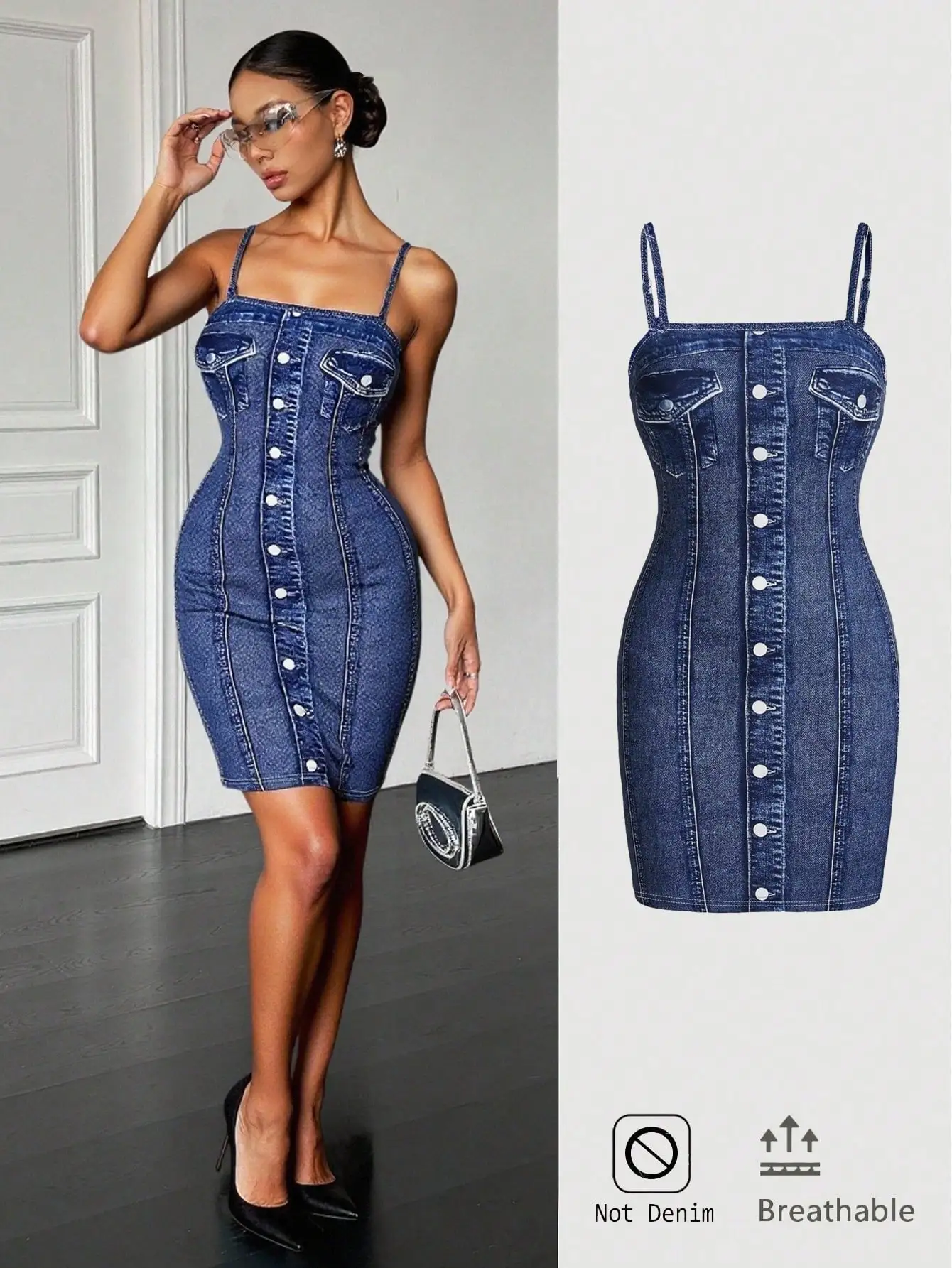 

Женское платье на тонких бретелях с пуговицами спереди, имитация денима, дышащая ткань, мини-длина, для повседневной носки весной и летом