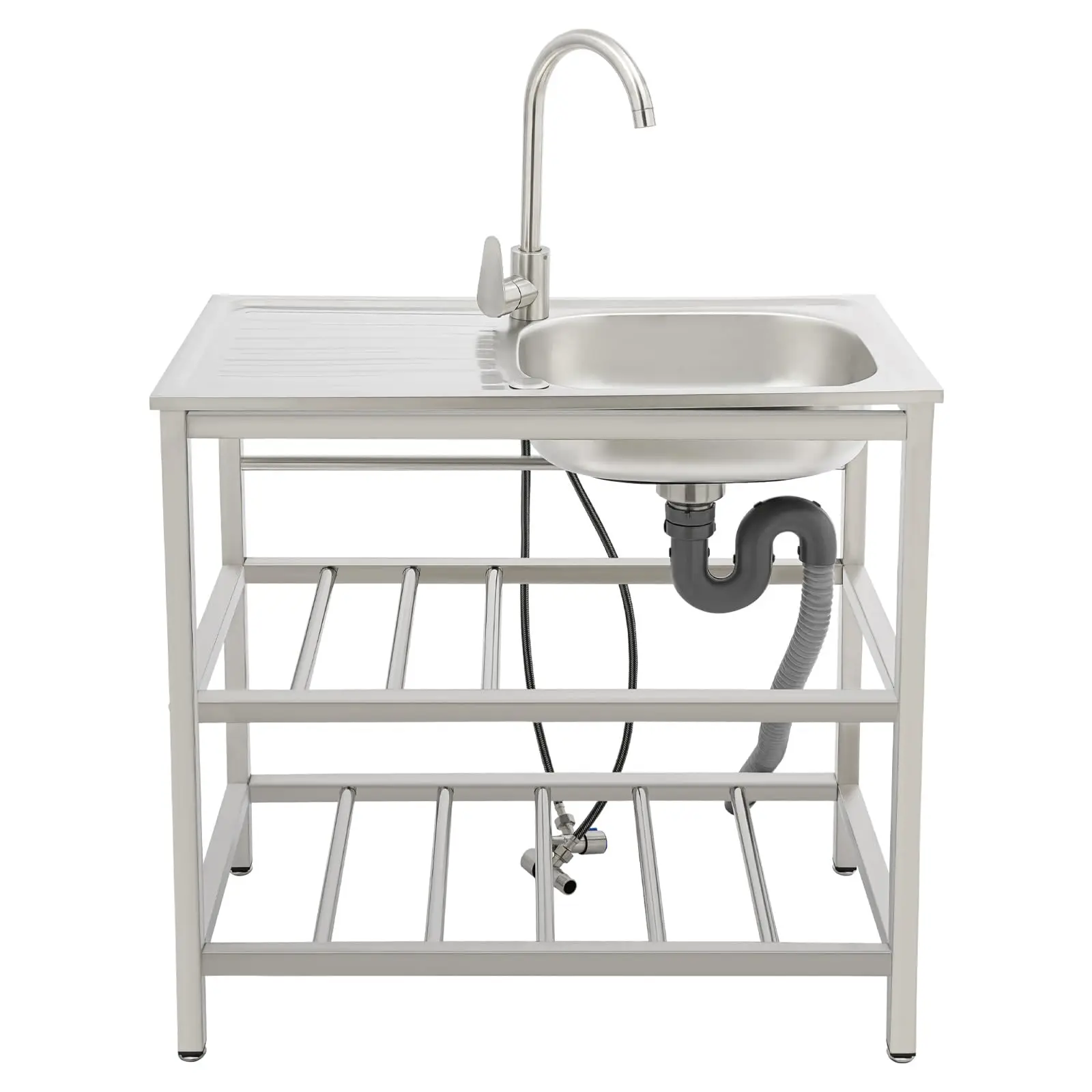 

Stainless Steel Free Standing Single Bowl Kitchen Sink with Workbench & Storage Shelves, Commercial Restaurant Utility Sink for