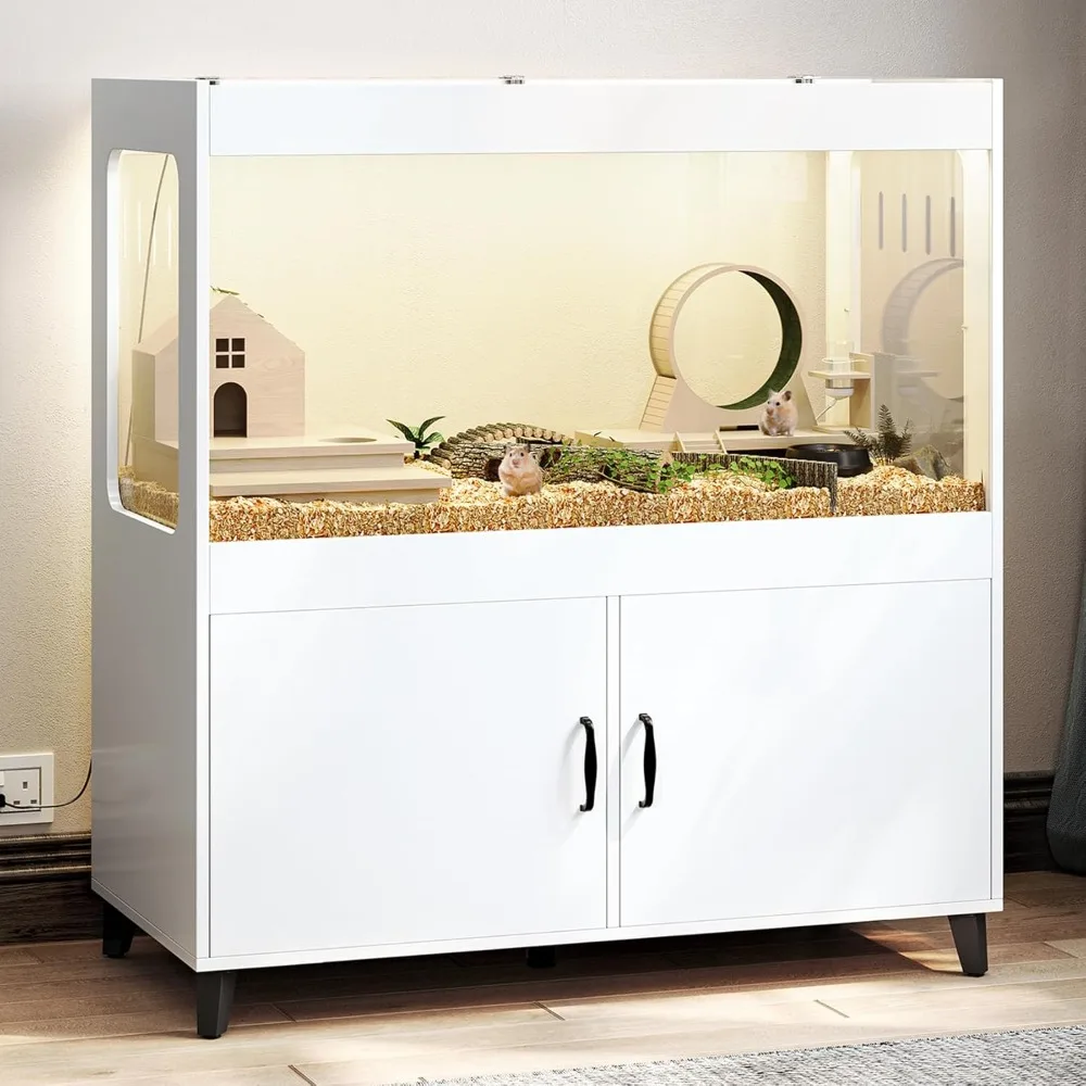 

TC-HOMENY Large Hamster Cage Cabinet with Storage, Hamster Cage with LED Lights Easy 360° View Acrylic Panels, Small Animal Cage