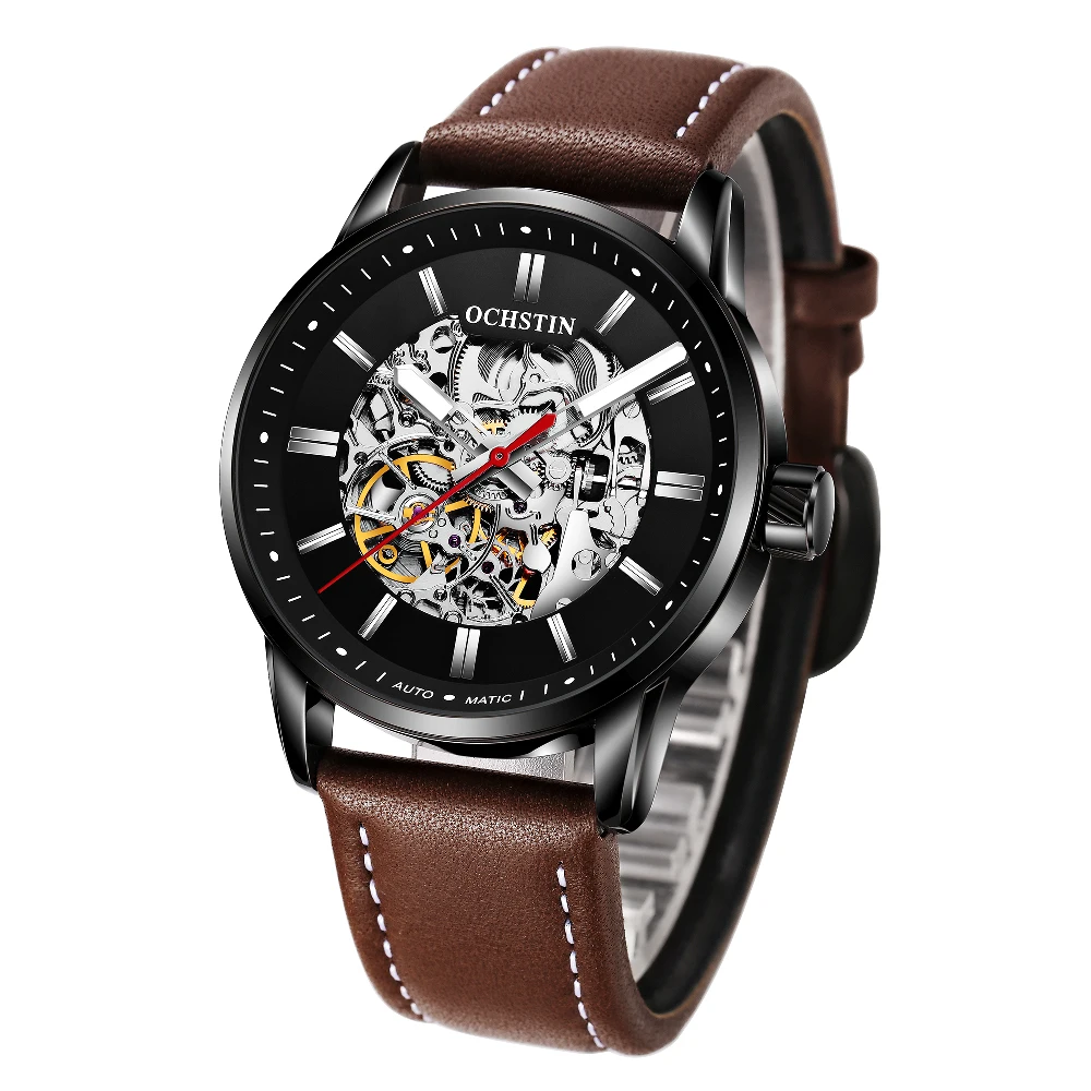 

Механические часы OCHSTIN для мужчин, скелетонизированные, в стиле стимпанк, с автоподзаводом, классический кожаный ремешок, светящиеся мужские наручные часы Reloj Hombre