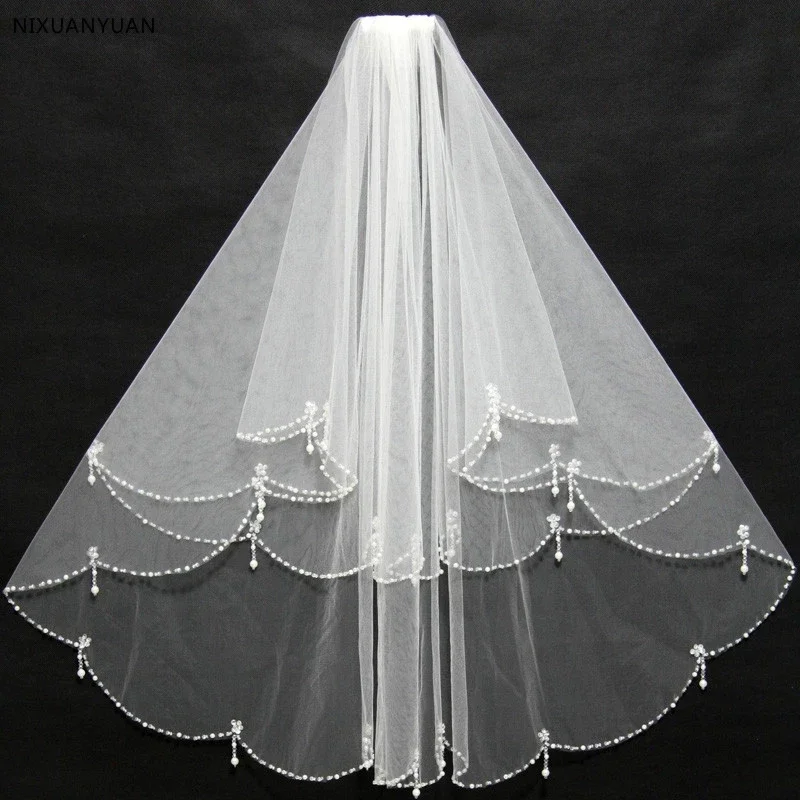 

2 Layers Short Beaded Pearl Wedding Veil White Ivory Tulle Women Bridal Veil with Combe Wedding Accessories