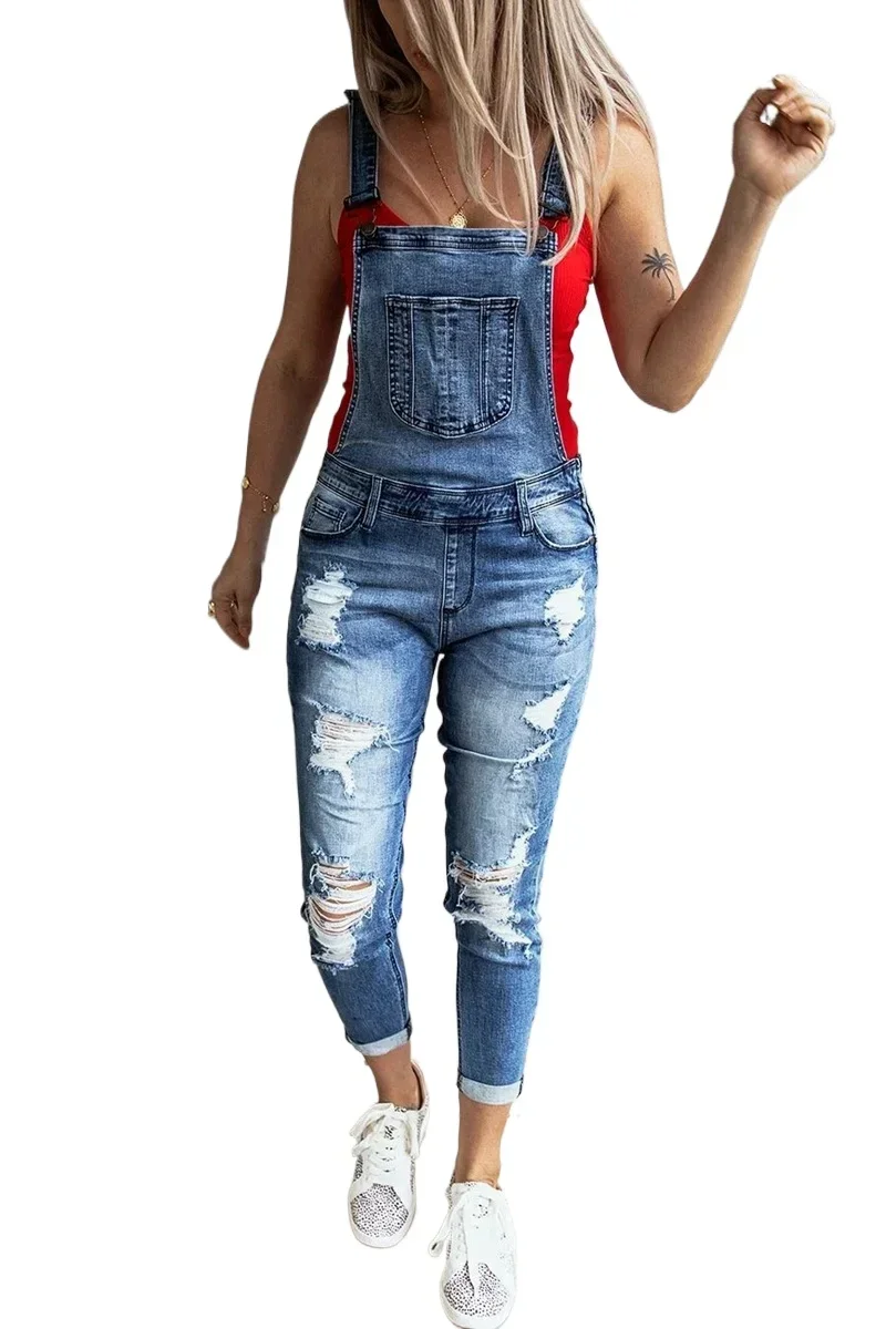 Mulheres sexy rasgado buraco denim macacão senhoras outono moda solta jeans macacão vintage casual plus size bolso geral playsuit