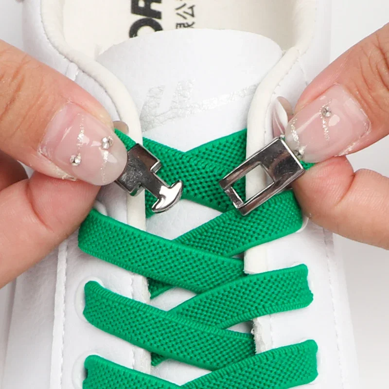 0.8CM Wide Flat Shoe Laces Elastic for Sneakers No Tie Shoelaces Cross Metal Lock Quick on And Off Lazy Shoelace Off White