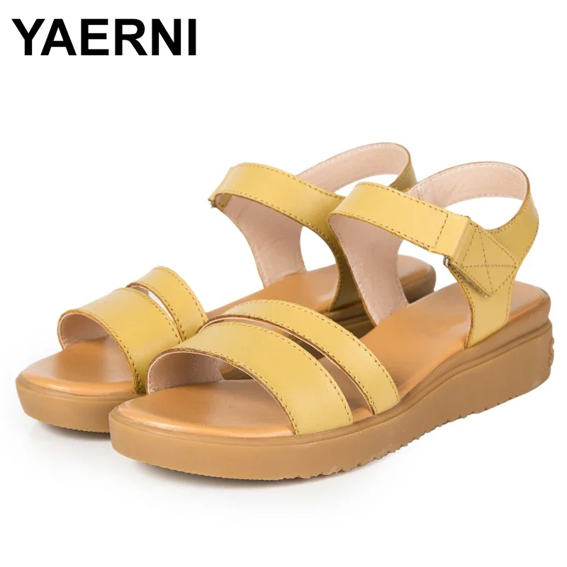 YAERNI Genuine Leather Women Flats Beach sandals shoes ladies Platform Sneakers Flip Flop shoe summer Fashion Mid Heel footwear