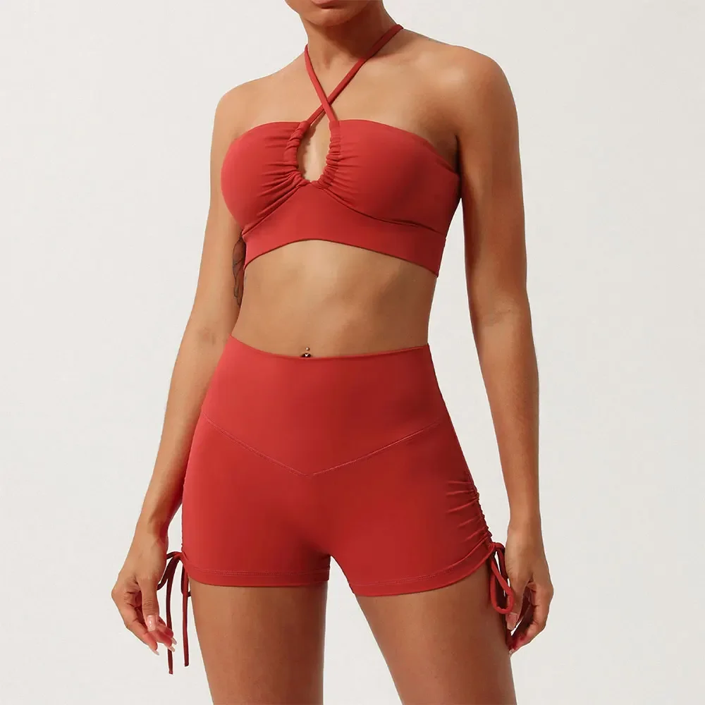 Conjunto de 2 piezas de Yoga, pantalones cortos de gimnasio, ropa de mujer, sujetadores deportivos calados, Tops de entrenamiento para mujer, ropa deportiva, pantalones cortos deportivos para Fitness, conjunto de gimnasio