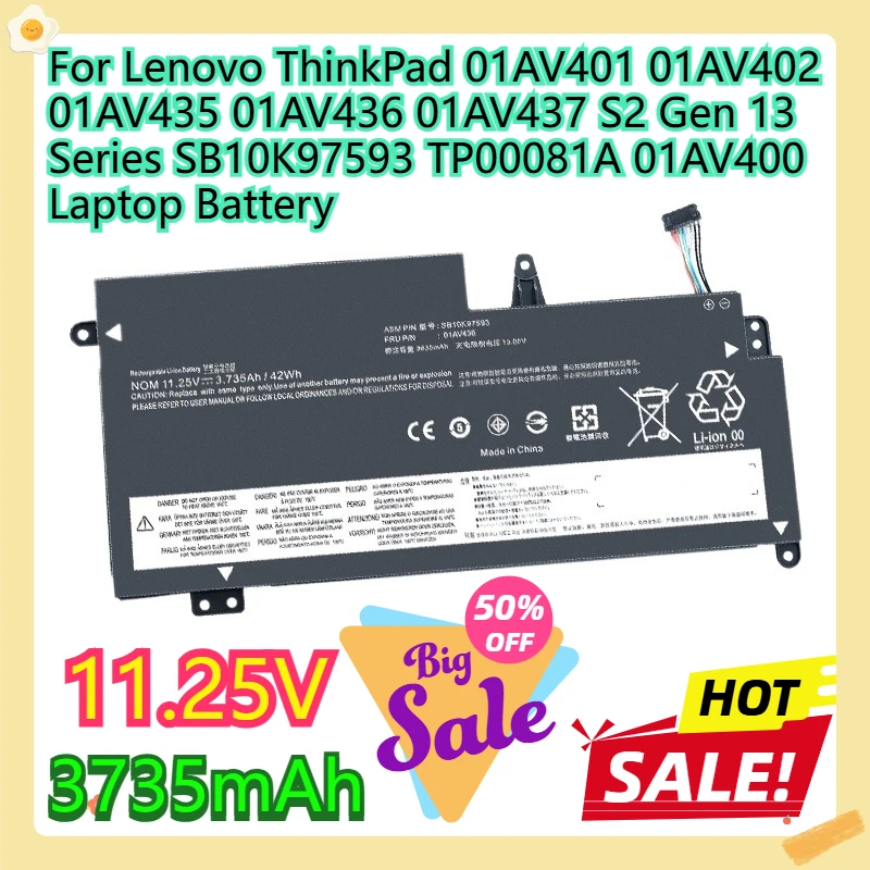 

For Lenovo ThinkPad 01AV401 01AV402 01AV435 01AV436 01AV437 S2 Gen 13 Series SB10K97593 TP00081A 01AV400 Laptop Battery