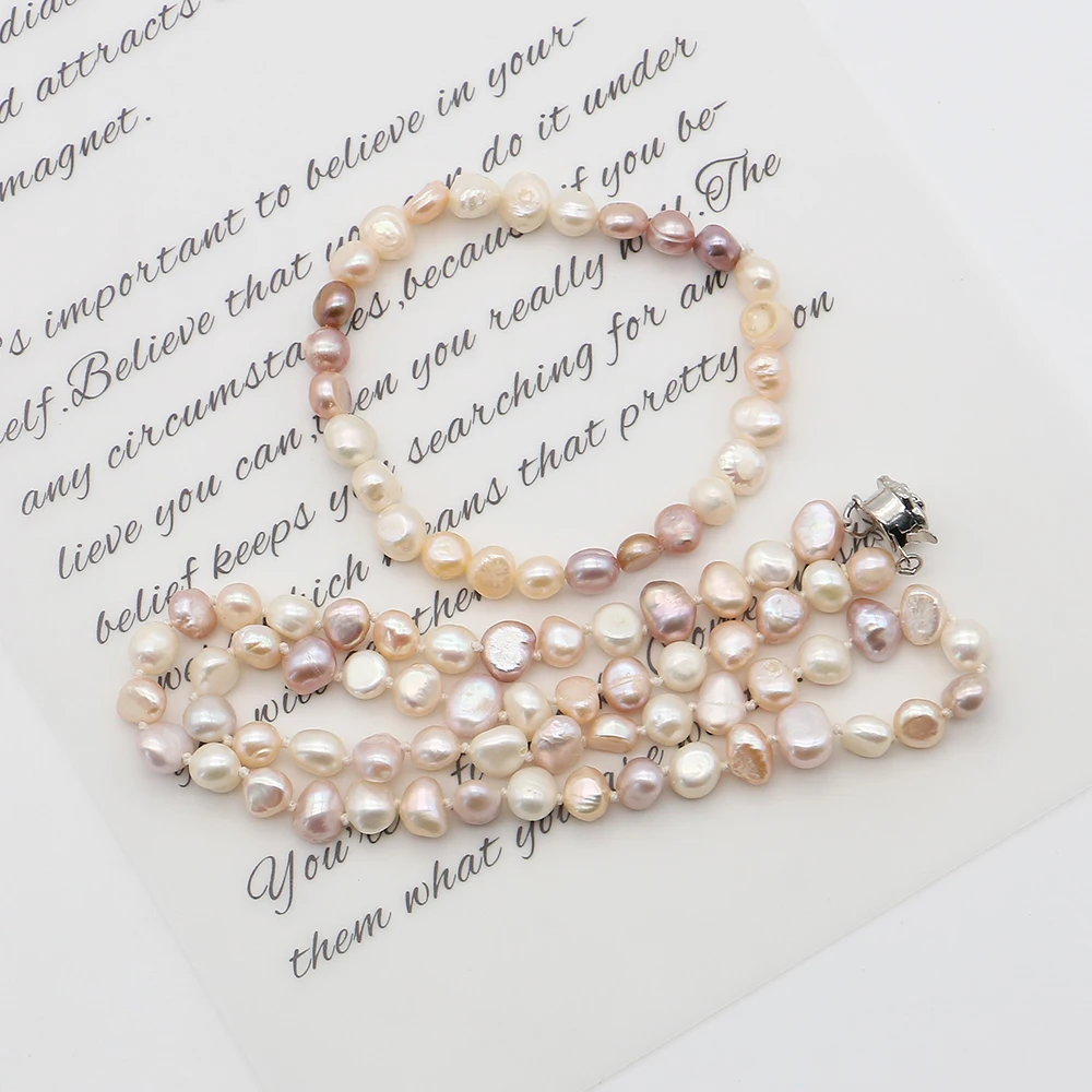 6-7mm Irregular Natural Freshwater Pearl Necklace and Bracelet Set Mixed-color Baroque Pearls Fashionable Women's Jewelry Gift