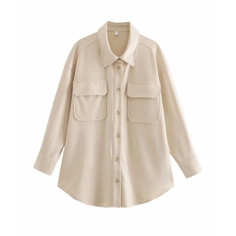 エレガントなソリッドポケットボタンシャツカジュアルフルスリーブオフィスレディトップス女性秋ルーズストリートウェアベージュピンクカラーシャツトップス