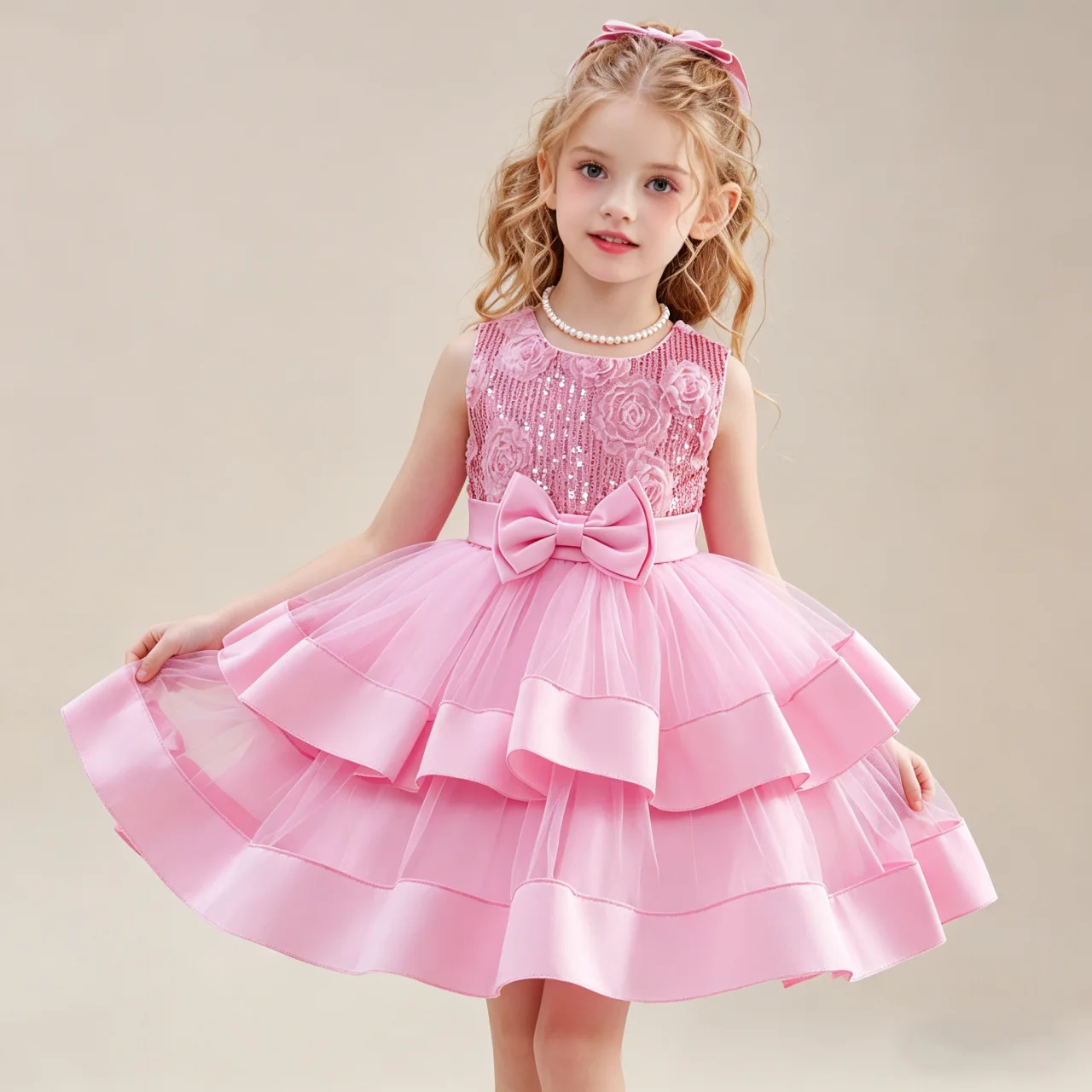 New Baby Girls' Lace Tulle Dress Big Bow Tiered Ruffle Skirt Kids Elegant Wedding Flower Girl Birthday Party Gown For 2-12Y