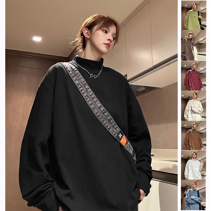 Korean Oversized Streetwear Women Loose Sweatshirts Half High Collar Casual Blank Pullover Tops Fleece Basic Sweatshirt Hoodie