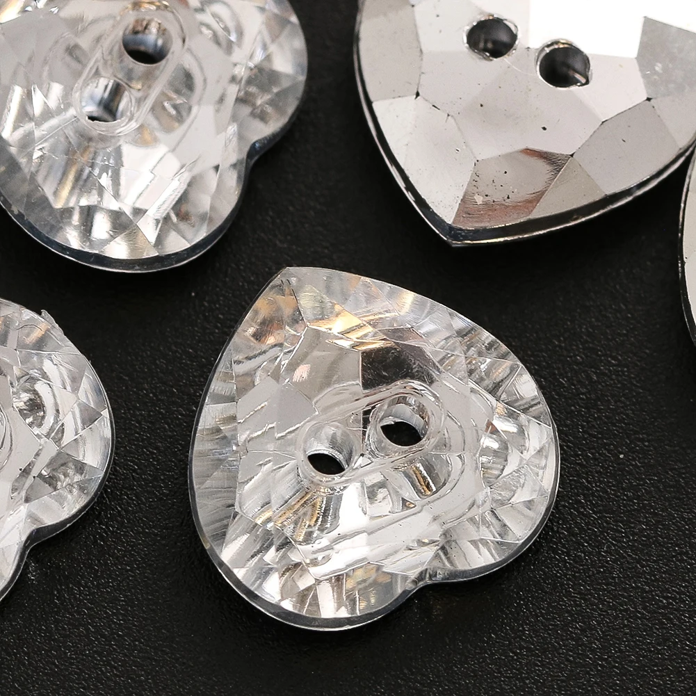 6pcs15mm AB Silver Crystal Heart Buttons 2 Holes Glass Prism Faceted Clothing Decoration Crafts DIY Handmade Sewing Clothes