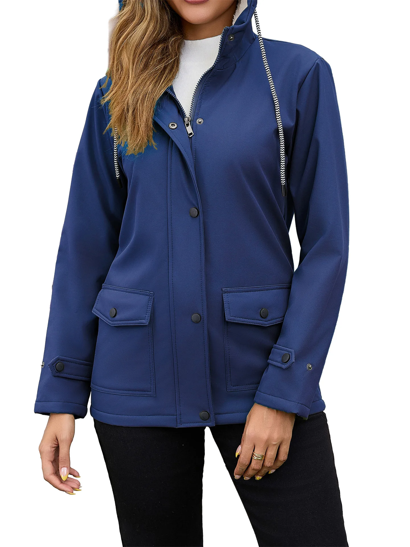 2025 New Women's Spring and Autumn Hooded Windbreaker Composite Plush Anti Splashing Coat Long Sleeve Zipper Cardigan