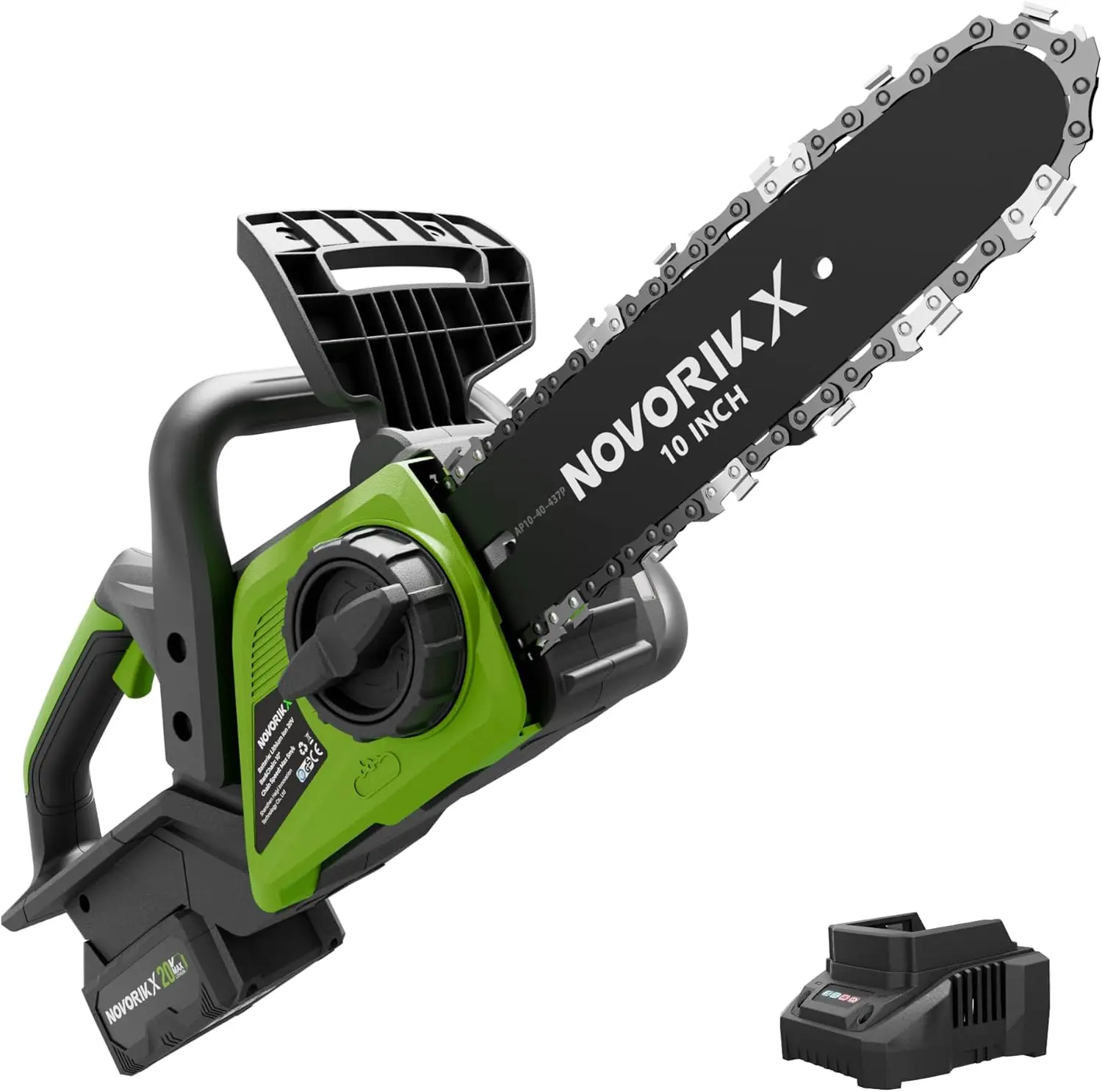 

Аккумуляторная цепная пила 20В, 10-дюймовая электрическая цепная пила с аккумулятором 4.0Ач и зарядным устройством, автоматическая система смазки, натяжение цепи без инструментов, для обрезки деревьев