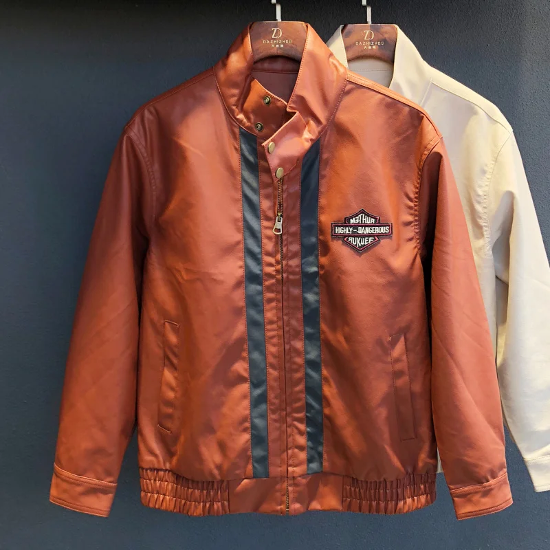 

2025 Fall New Men's Stand-up Collar Leather Jacket, Versatile Color Block Simple Casual High-end Fashion Leather Jacket