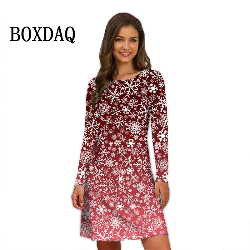 Red Snowflake Dress For Women Christmas Party Dress Winter Casual Loose Dresses Oversized Autumn Long Sleeve Printed Vestidos