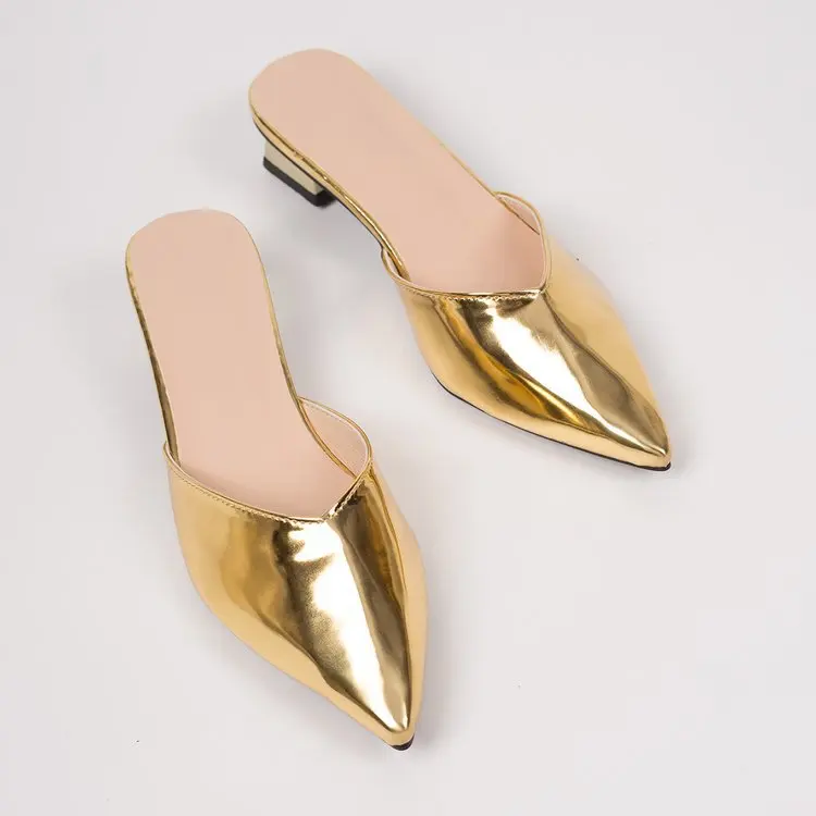 Spitze Damen-Mules, Modische Gold- und Silber-Sandalen, Elegante Kleider-Sandalen mit Quadratischem Niedrigem Absatz, Slip-On Schuhe für Damen – Detail 9