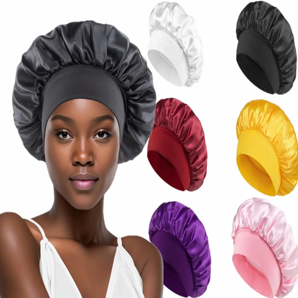 Solid Satin Bonnet Hair Wrap Elastic Band Narrow Head Tie Band Edge Bathroom Shower Cap for Sleeping Women Shower Hair Care
