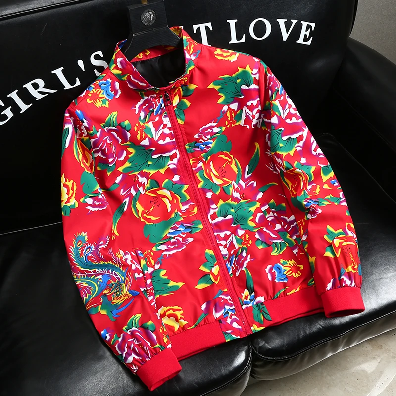

Spring Autumn Men's Casual Faion Jaet Large Flower Print Loose Fit Anti-Wrinkle Long Sve Zipper Closure Outerwear