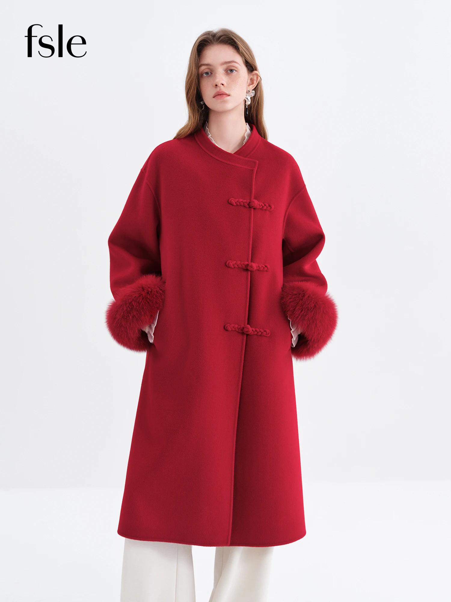 

FSLE Women's Red Velvet Coat with Fox Design Chinese New Year and Modern Chinese-Style Wedding/Engagement Gown 100% Wool Coats