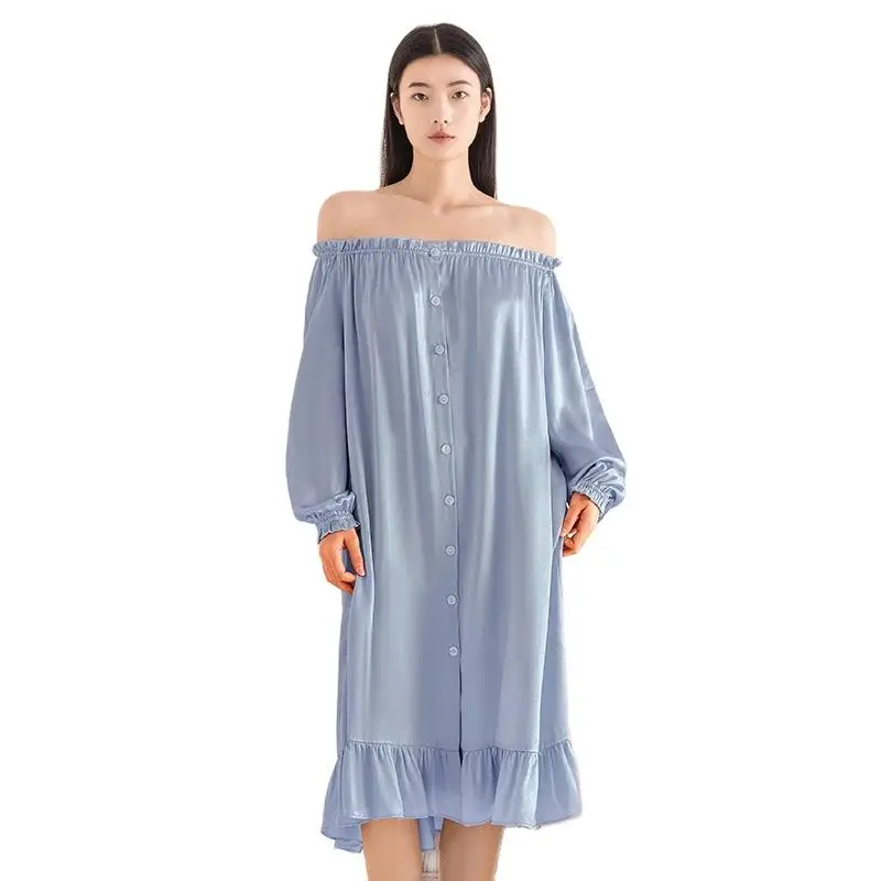 BirdTree, 6A 19MM 100%Real Silk Nightgown, Women Slash Neck Long Sleeve, Sexy Comfortable Pajama Dress, 2024 Summer New P44696QM