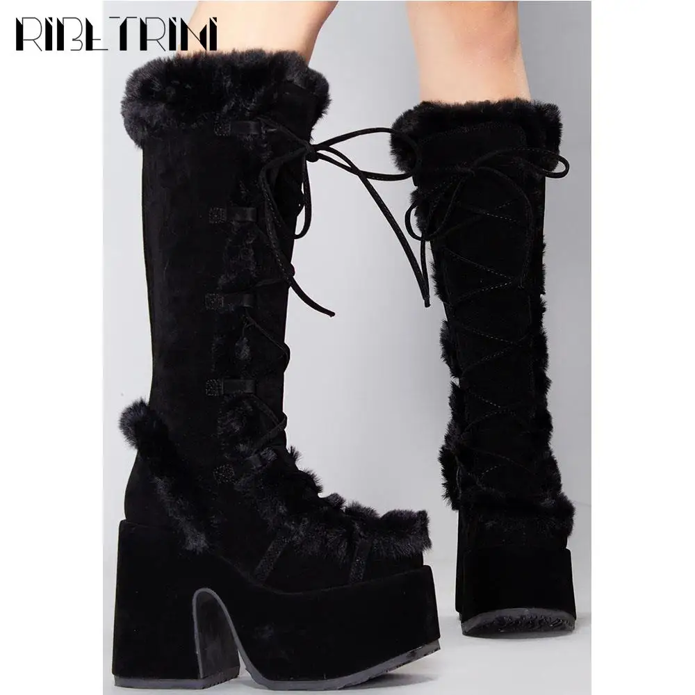 RIBETRINI Punk Goth Women Boots Fur Halloween Cosplay Chunky Block Heel Platform Shoes Knee High Brand Designer Party Warm Boots