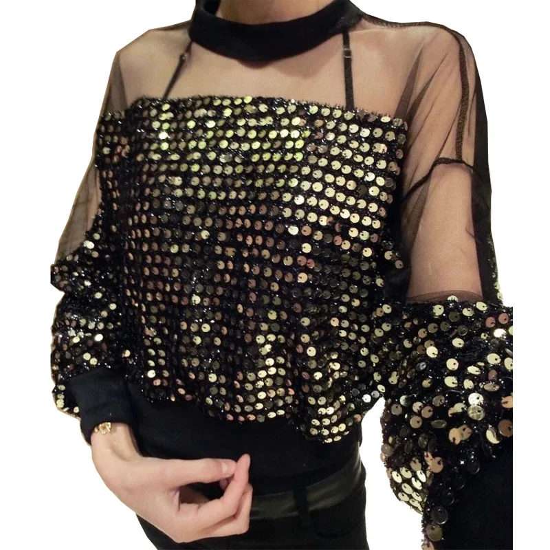 

Spring Autumn Heavy Embellied Sequin Me See-tough Lace Top Women's Nine-point Sve Net Cover Long Sve T-irt