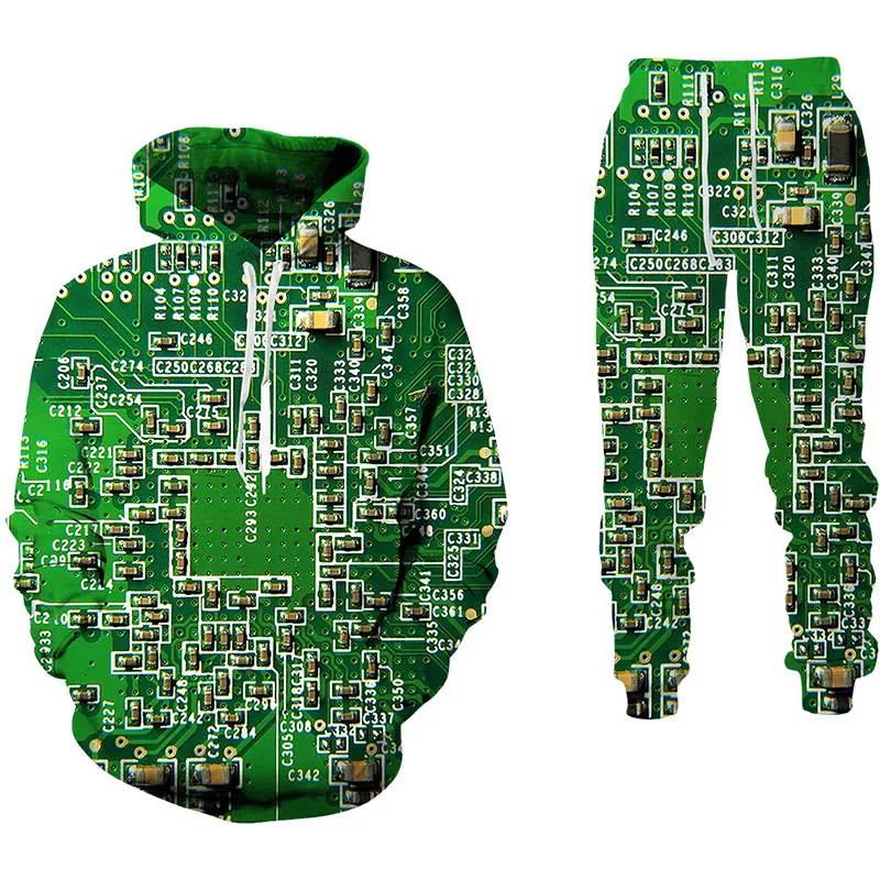 

New interesting electronic chip 3D printed men's sportswear casual sweatshirt + pants 2 sets oversized sportswear fashion