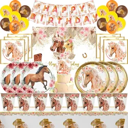 Horse Birthday Party Decoration Tableware Cup Plate Tablecloth Backdrop Napkin Horse Balloons Baby Theme Birthday Party Supplies