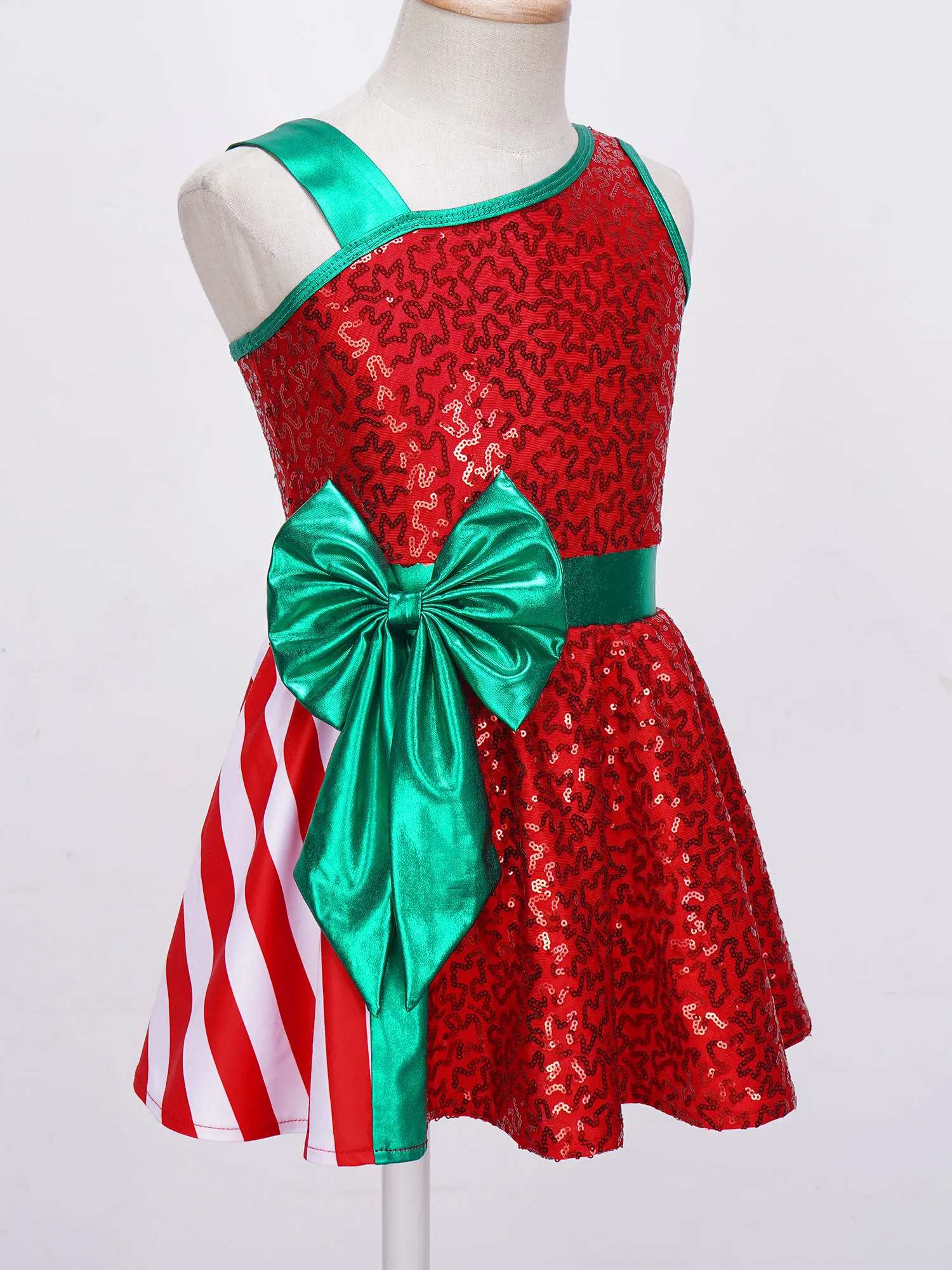 Kids Girls Sequins Christmas Sleeveless Stripe Bow Xmas New Year Cosplay Tutu Dress Dance Performance Dancewear