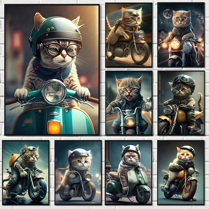 Cat Cute Animal Poster Cartoon Cat Riding A Motorbike Wall Art Canvas Painting Prints Pictures for Home Living Room Decor