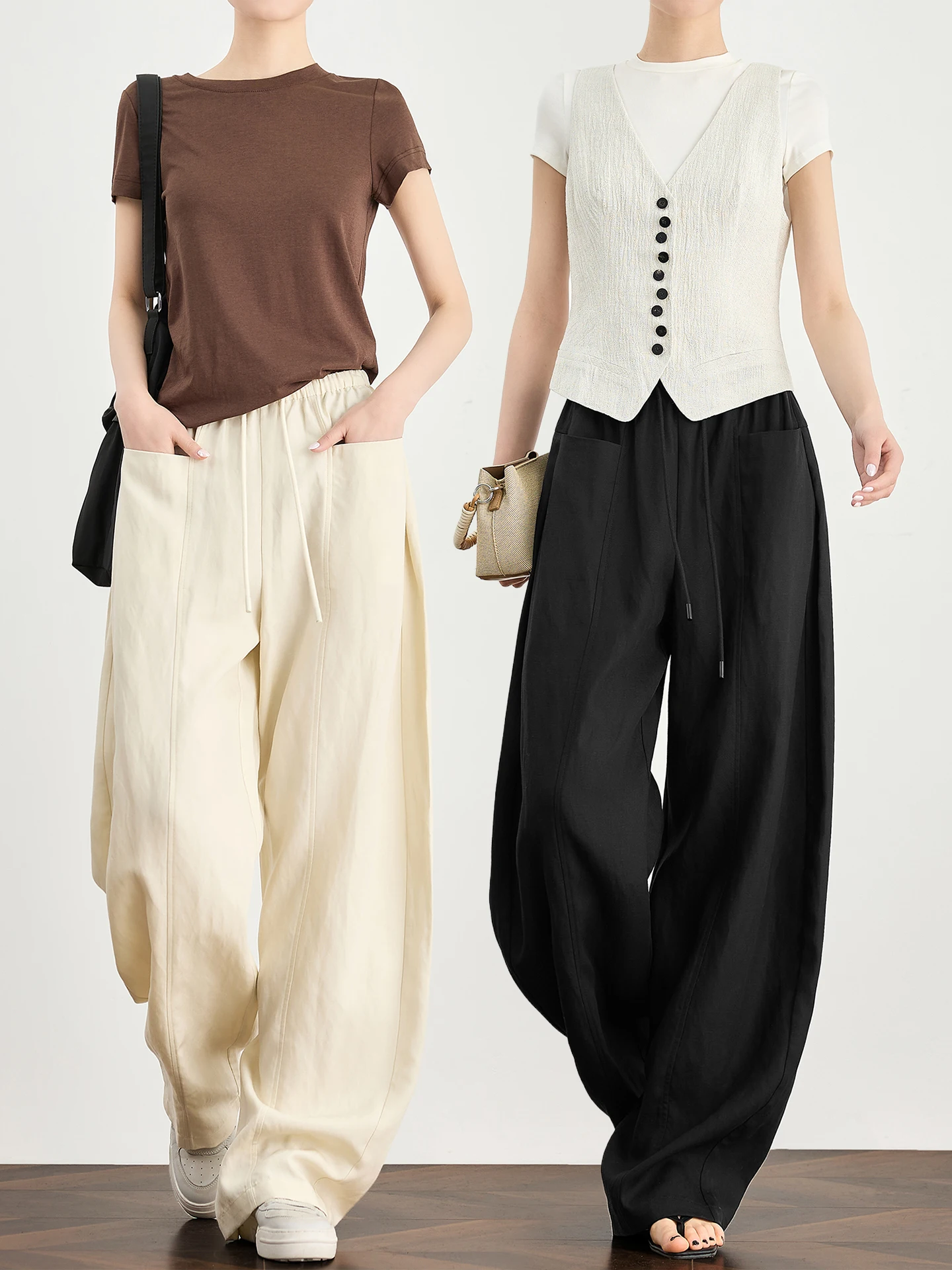 

Женские повседневные брюки TUMPUS Cool Drapey: летние, с высокой талией, удлиненные, стройнящие, фасон «бананы», из льна и лиоцелла, прямого кроя