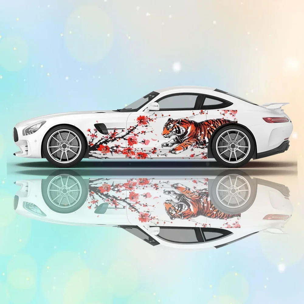 

Tiger Cherry Blossom Branches Car Vinyl Wrap Decal Self-adhesive PVC Sticker Suitable for Trucks SUV Decoration Auto Accessories