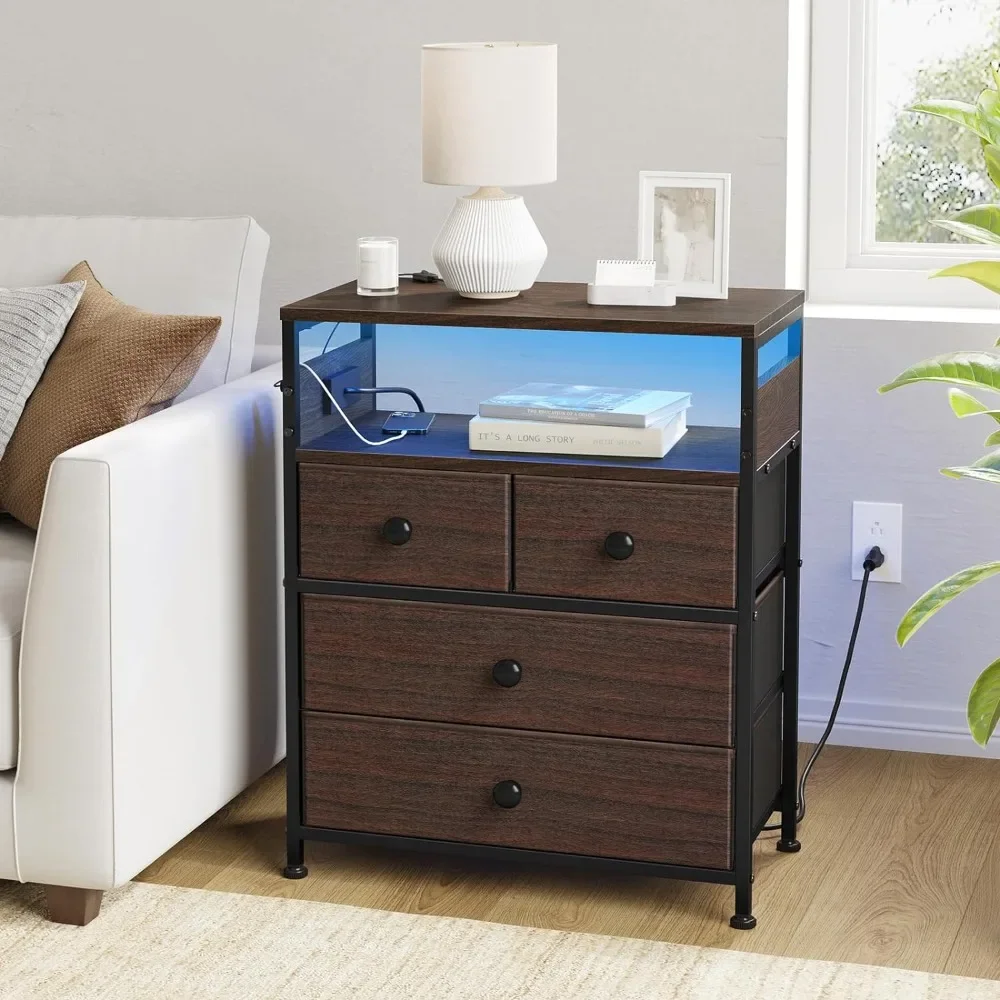 

Nightstands, Nightstand with Charging Station, Bedside Table with 4 Drawers and 2-Tier Shelf, End Table for Bedroom, Living Room