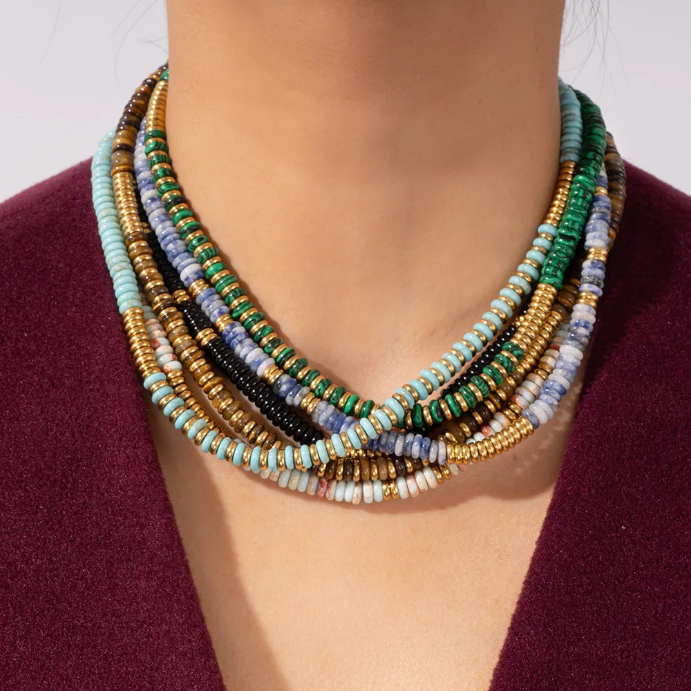 

Natural Stone Heishi Bead Necklace Stainless Steel Gold Disc Choker Tiger Eye Summer Surfer Jewelry for Women Layering