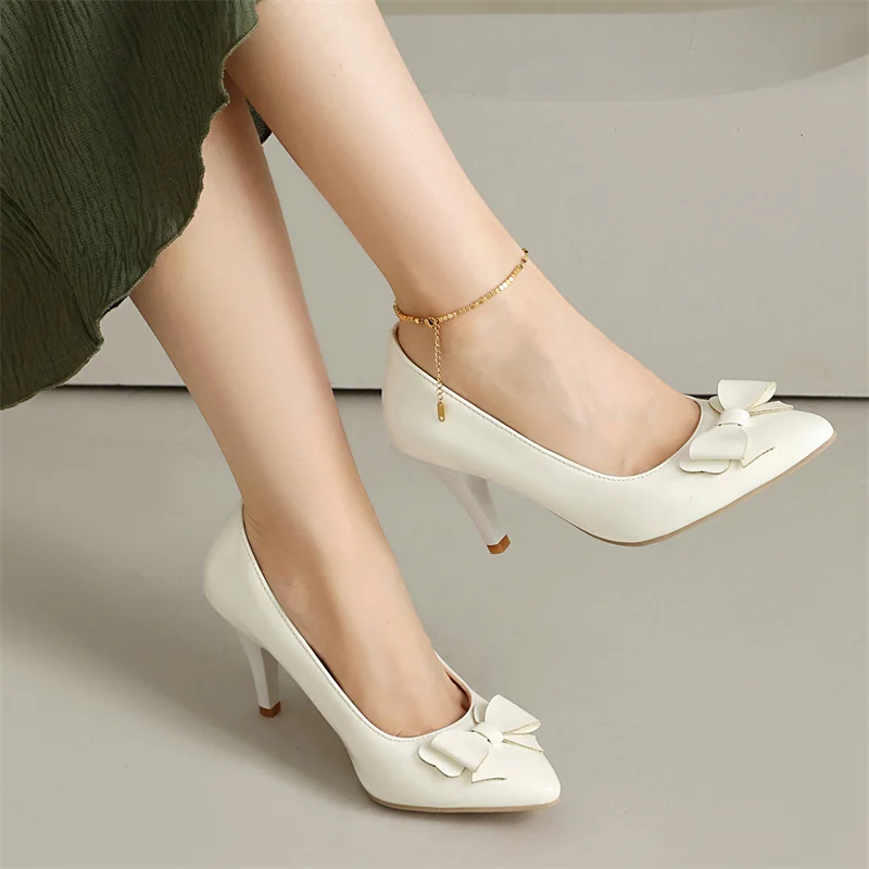 

YQBTDL 2026 Sweet Ladies's Heels Bowtied Pumps Elegant Black Red Pink Silver Heeled Office Wedding Women Shoes Size 45 46