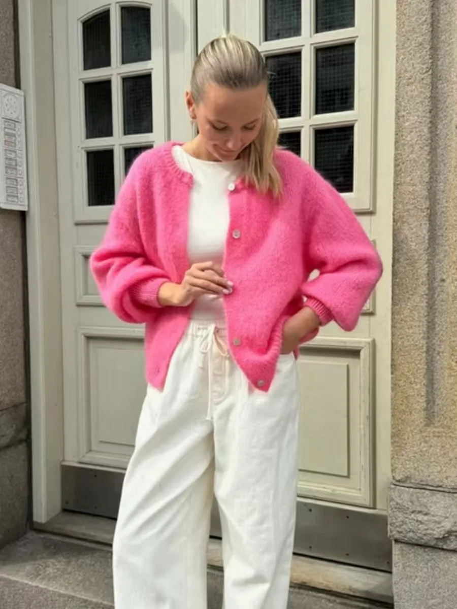 Faionable فضفاض جولة Ne سترة مشغولة من الصوف سترة دافئة الخريف الشتاء المرأة مريحة Sle اللون معطف طويل Sve #5