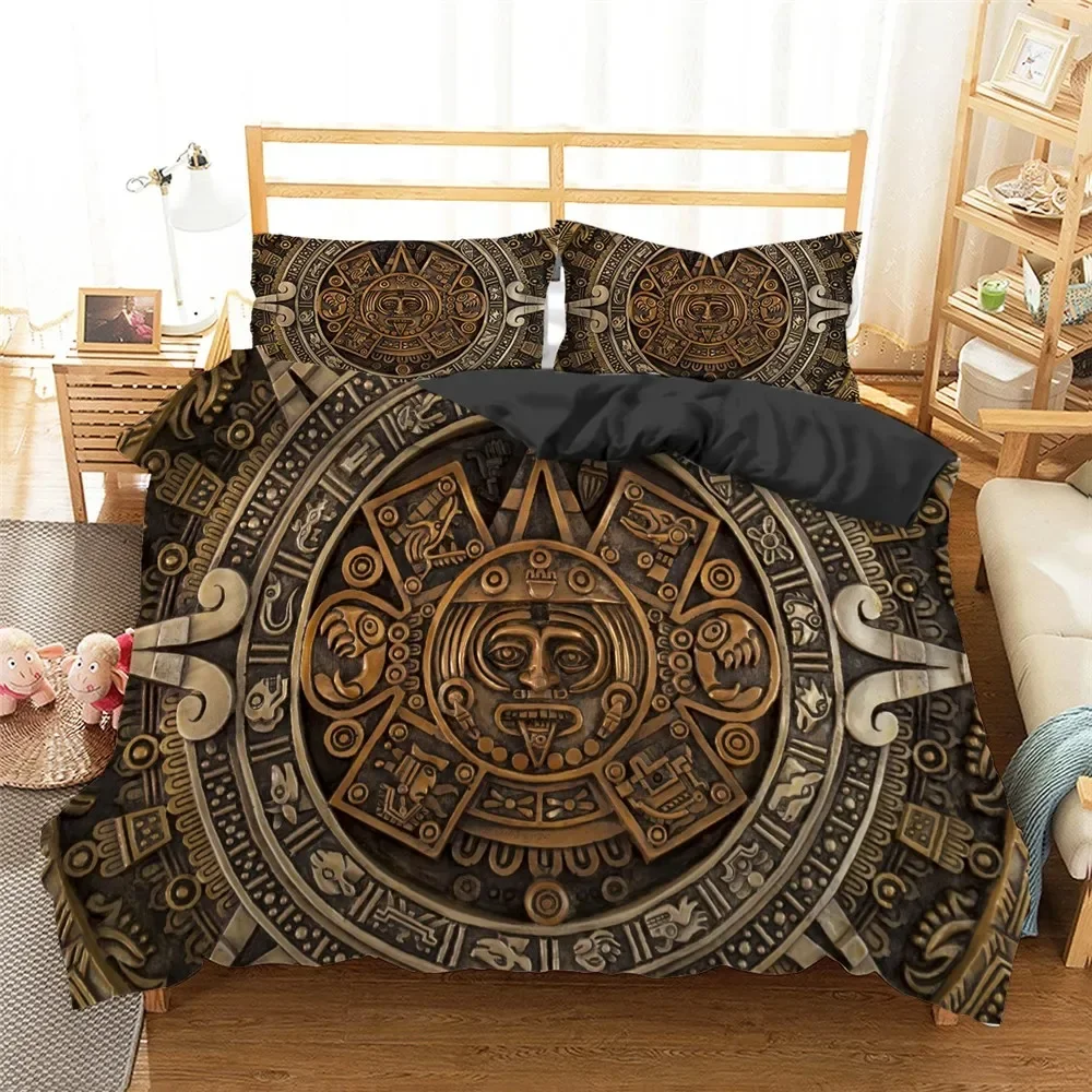 

The Ancient Aztec Calendar Print Bedding Set Mayan Culture Duvet Cover Set with Pillowcase Polyster Quilt Cover Queen Bed Set