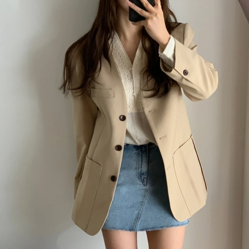 

REALEFT винтажные однотонные женские пиджаки, новинка 2025, осень-зима, однобортная повседневная свободная верхняя одежда с длинными рукавами и v-образным вырезом, женская