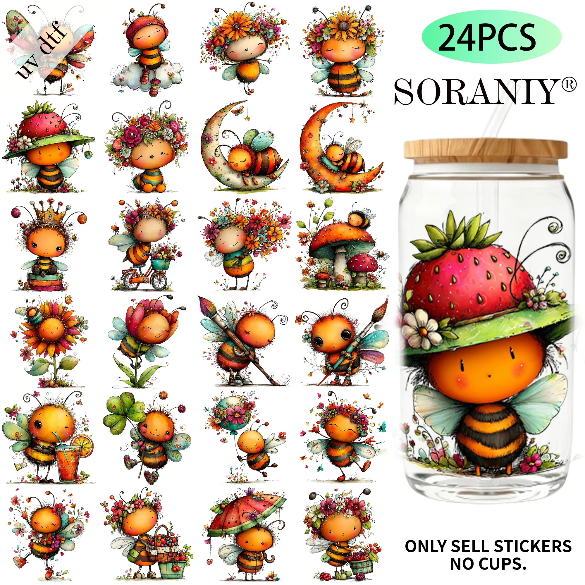 24PCS/Set Whimsical Summer Bee Themed UV DTF 16OZ DIY Transfer Paper Sticker
