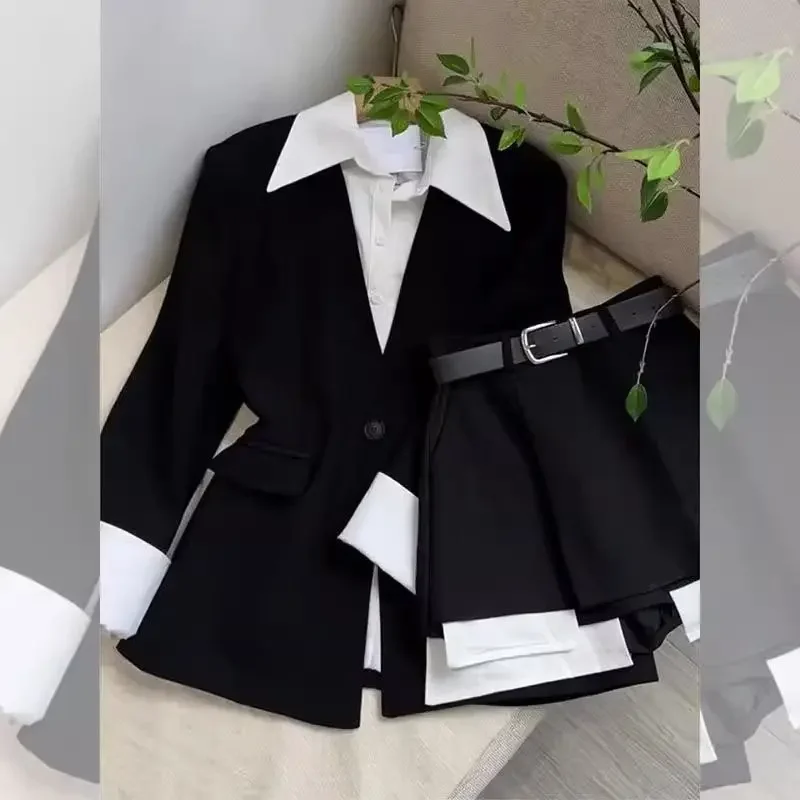 

Patchwork Fake Two Shirts Black Blazers Autumn Spring Jacket Piece Sets Womens Outifits Wide Leg Short Pants Sexy Shorts