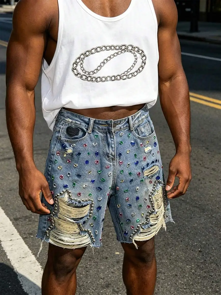 

Y2K Distressed Denim Shorts With Crystal Embellishments And Chain Trim