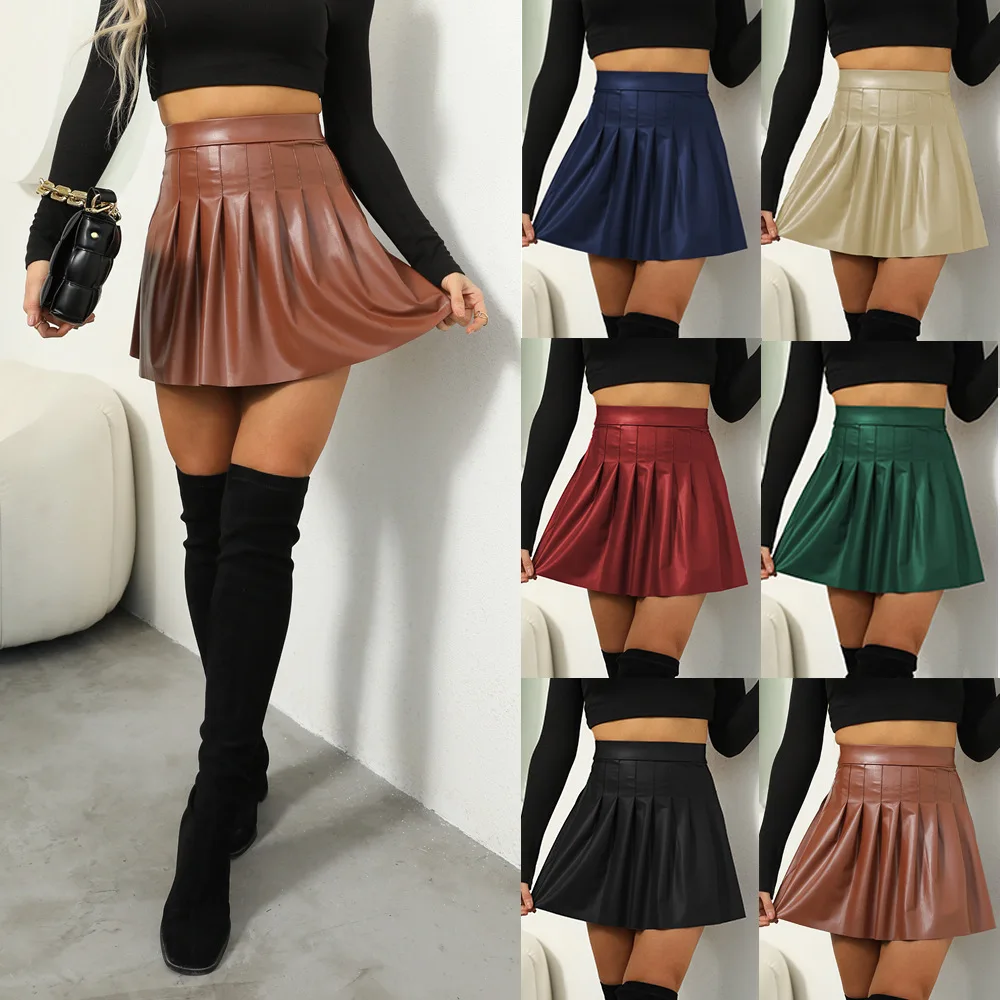 Women's Short Skirt 2025 Spring/Summer Europe and America Solid Color High Waist Skirt Hundred Fold Small Leather Skirt