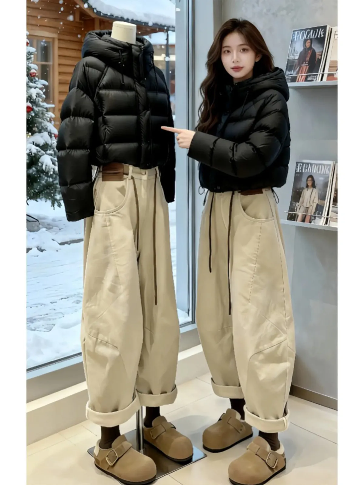 

Thickened Fleece Nine-Tenths Knife Denim Jeans Women's Khaki Loose Straight Harem Pants Winter New Style Casual High Waist