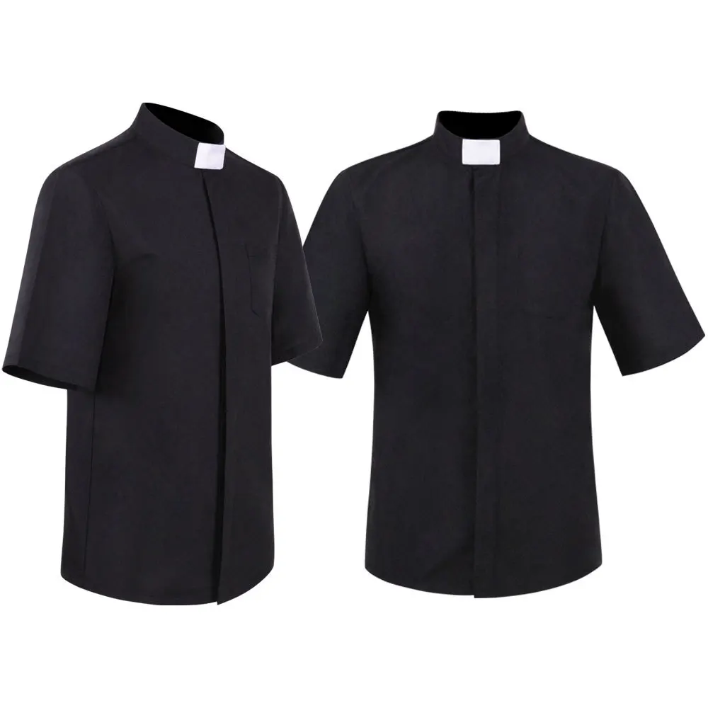 

Halloween Priest Missionary Cosplay Shirt Men Black Short Sleeve Clergy Shirt with White Clerical Collar Role Play Costume