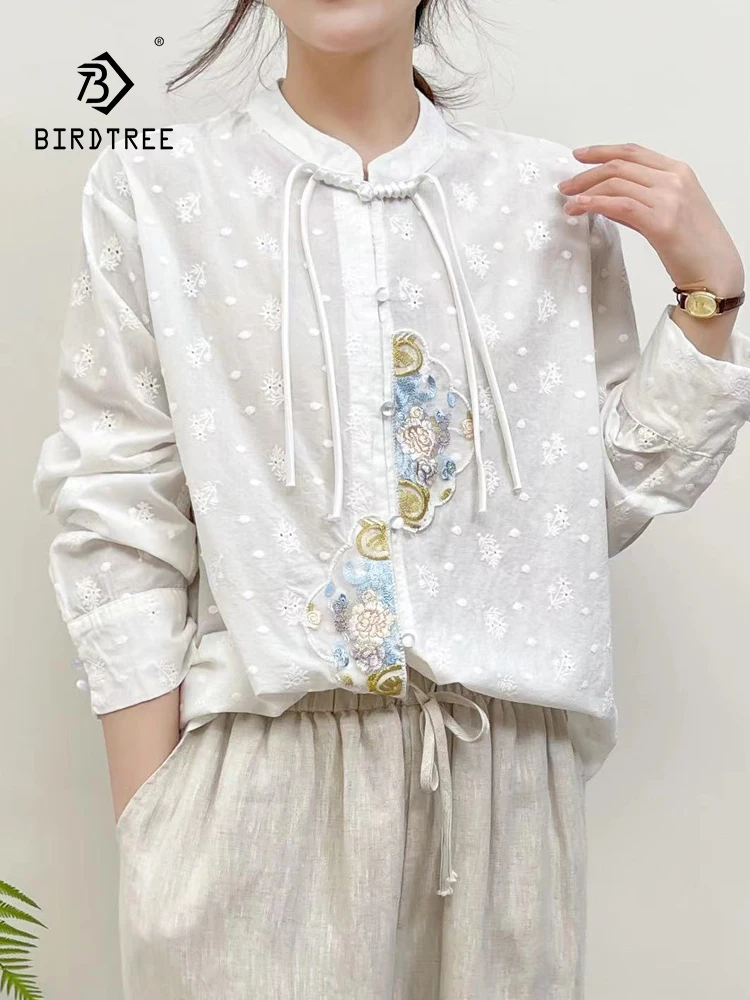 

New Spring Cotton Embroidery Shirt Women Stand Long Sleeve Loose Retro Top Girl Literature Tradition Blouse 2024 Autumn T44511QC